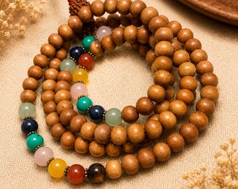 Handmade Sandalwood Mala Necklace | 108 Prayer Beads | Buddhist Meditation Mala | Yoga Necklace | Chakra, Turquoise