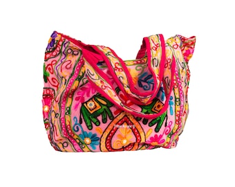 Handmade Embroidered Elephant Tapestry Tote Bag, Boho Cotton Shoulder Purse