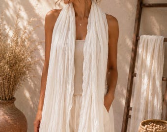 White Cotton Scarf | 100% Soft Cotton Crinkle Scarf | Lightweight Wrinkled Shawl | Boho Wrap | Everyday Fashion Scarf | 60 x 24 Inches