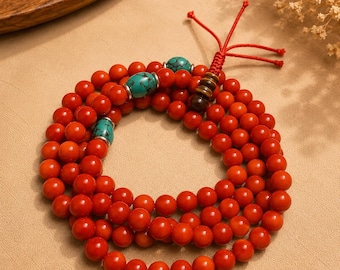 8mm Red Coral Mala Necklace | 108 Prayer Beads | Handmade Meditation |Boho Necklace| Tiger Eye Guru Bead | Buddhist Yoga Necklace