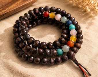 Handmade Rosewood Mala Necklace | 108 Prayer Beads | Buddhist Meditation Mala | Yoga Necklace | Chakra, Turquoise & Carnelian Options