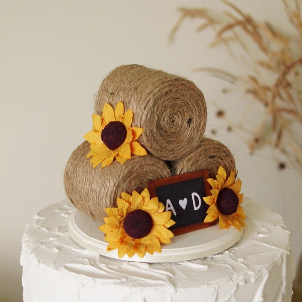 Sunflower hay bale country wedding cake topper, farm barn wedding cake topper, rustic autumn wedding cake