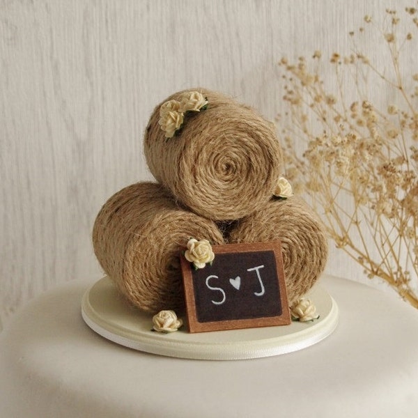 Rustic Wedding Cake Topper - Rose Cake Topper - Hay Bale Cake Topper - Barn Wedding Cake Topper - Farm Wedding Cake Topper -Summer Wedding