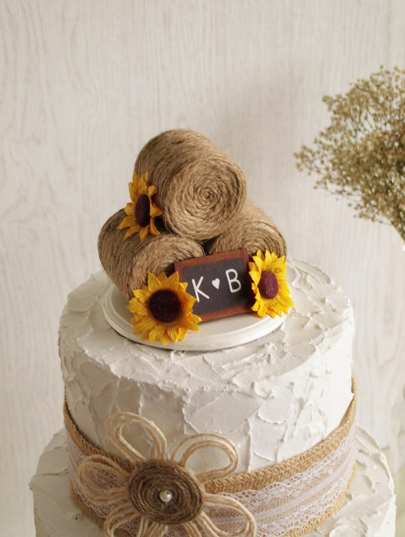 Sunflower hay bale cake topper country wedding cake topper
