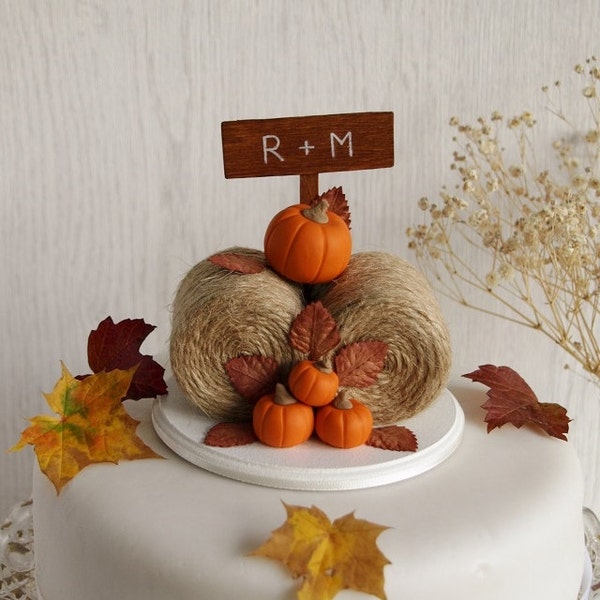 Rustic Pumpkin Hay Bales Cake Topper - Fall Autumn Wedding Cake Topper - Barn Farm Wedding