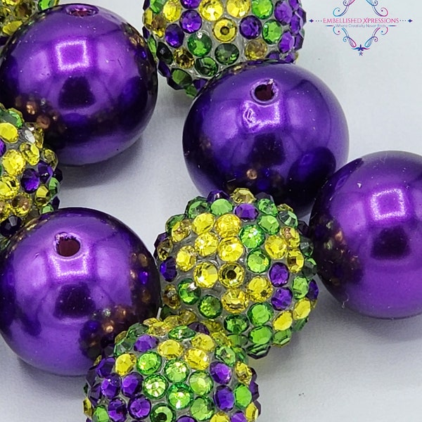 Purple, Green and Yellow Gold Rhinestone Bubblegum Beads| Mardi Gras Acrylic Beads| Beads for Pens| Beads for Keychains| Lanyard Beads