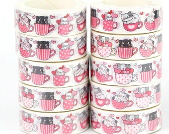 Kawaii cats in cups love valentines washi tape scrapbooking bujo journalling crafting