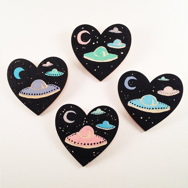 Hand Painted UFO Themed Wooden Heart Brooch