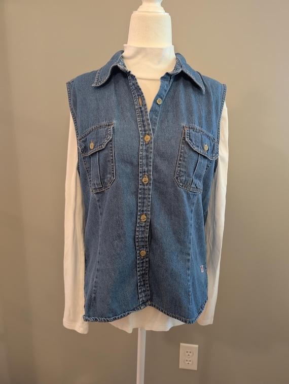 Bill Blass, Vintage 90s Bill Blass Denim Vest Womens Sleeveless Jean Shirt Button Up Americana Western Top