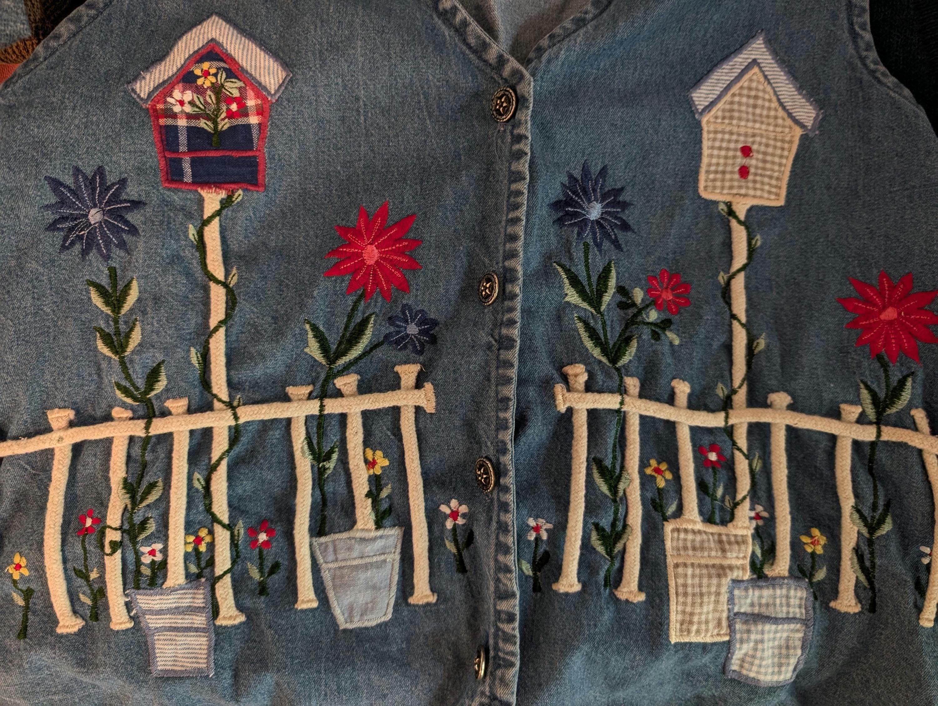 Vintage New Directions Denim Vest – Embroidered Birdhouses