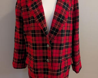 Vintage Pendleton Wool Plaid Blazer – Red Tartan Jacket with Crest Buttons