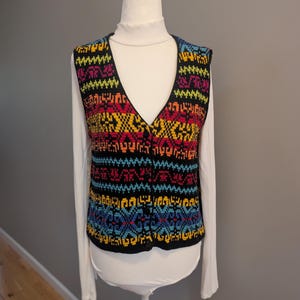 Vintage Lizsport Knit Sweater Vest Medium – Multicolor Geometric Cotton Vest 90s Layering Top