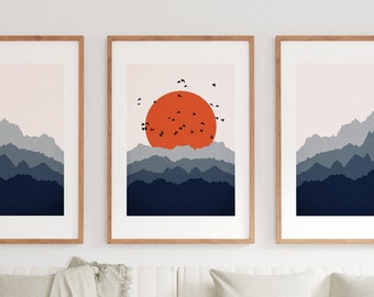 Abstract Landscape Print Set - Panorama Print - Blue Orange Art - Scandinavian Wall Art - Scandinavian Print - Mid Century Modern