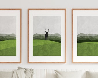Scandinavian Panoramic Style Print Set of Three - Stag in the Woods - Modern Art Print - Wall Art - Scandinavian Modern - Home Decor