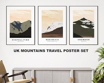 Three Peaks Travel Poster Set - Snowdon - Ben Nevis - Scafell Pike - Travel Poster Set - UK Mountains - Print Set of Three - Retro Style