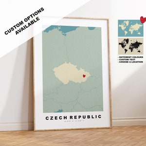 Kaart afdrukken Tsjechië - gepersonaliseerd kaartcadeau - ingelijste of canvasopties beschikbaar - aangepaste tekstopties - gepersonaliseerd cadeau