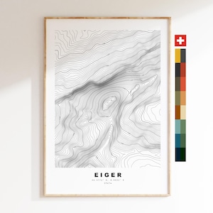 Eiger-kaartafdruk - contourkaartafdruk - topografische kaart - poster - muurkunst - bergkaarten Zwitserland - de Eiger