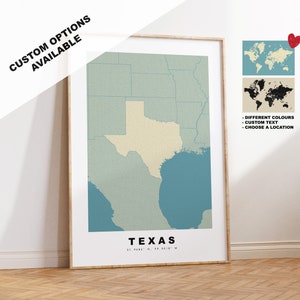 Texas Map Print - Personalised Map Gift - Framed or Canvas Options Available - Custom Text Options - Personalised Gift