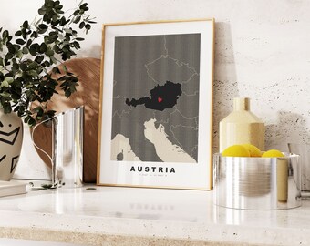 Austria Print - Custom Map Print - Personalised Text Gift Options - Frames/Canvas Options - Vintage Style Map Print