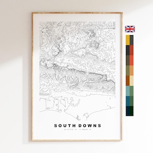 South Downs Print - Contour Map - South Downs Map - UK County Tops and High Points - Contour Map - Topographic Map