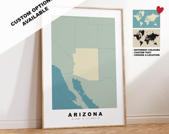 Arizona Map Print - Personalised Map Gift - Framed or Canvas Options Available - Custom Text Options - Personalised Gift