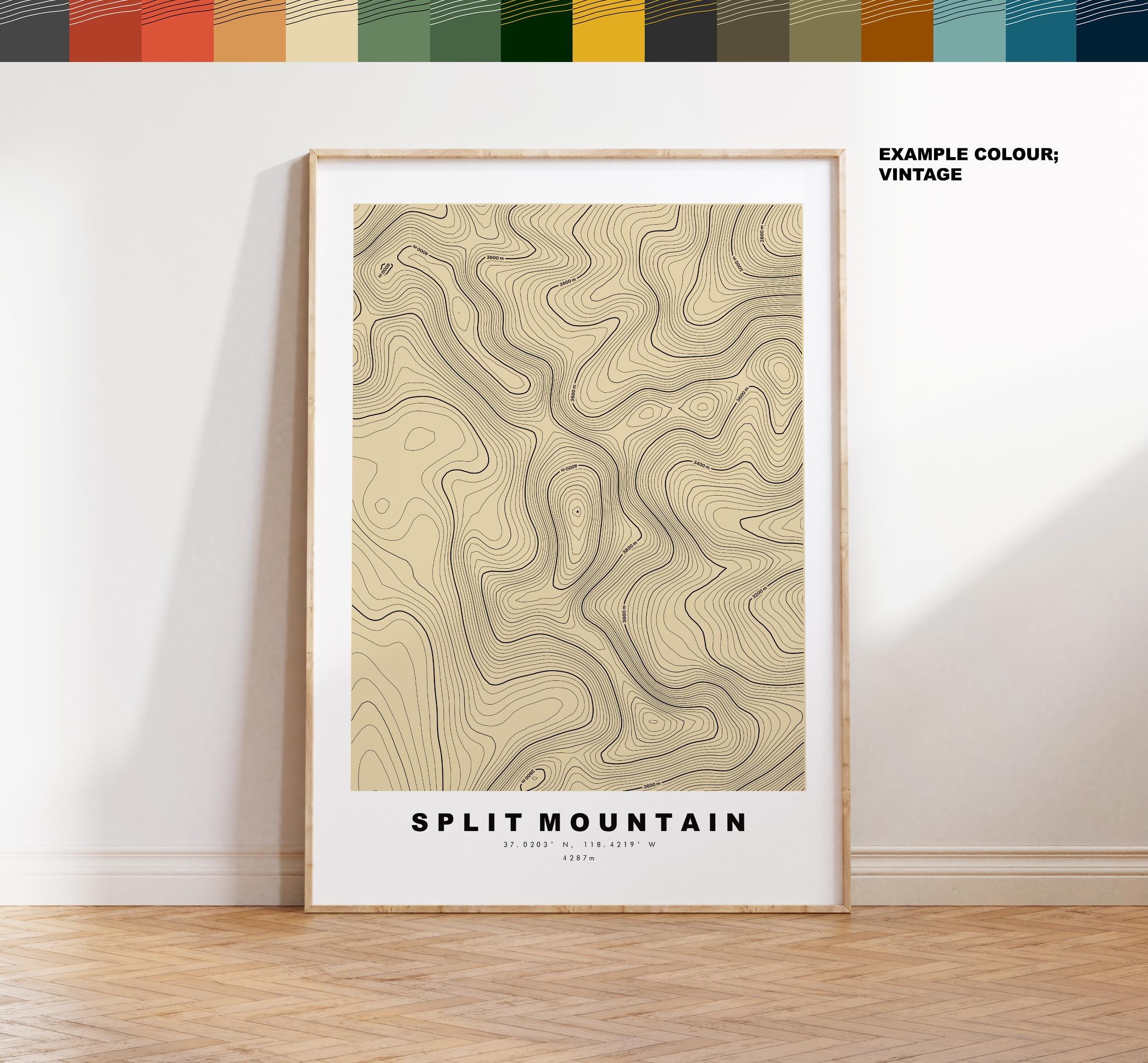 Split Mountain Map Print - Contour Map Print - Topographic Map - Poster ...