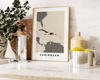 Caribbean Print - Custom Map Print - Personalised Text Gift Options - Frames/Canvas Options - Vintage Style Map Print