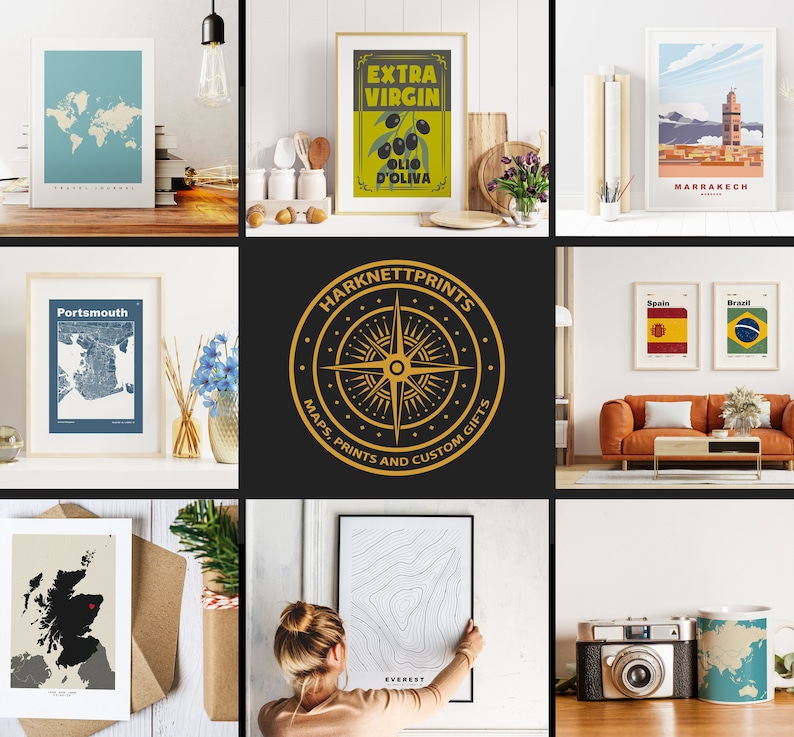 Puede incluir: Un collage de im&aacute;genes que muestran varias impresiones y mapas disponibles para la compra. Las im&aacute;genes incluyen un mapa del mundo, un mapa de la ciudad, un mapa de una cordillera, una bandera de Espa&ntilde;a, una bandera de Brasil, una etiqueta de aceite de oliva vintage y un p&oacute;ster de viaje vintage para Marrakech. El collage tambi&eacute;n incluye un logotipo de br&uacute;jula con el texto "Harknettprints Mapas, Impresiones y Regalos Personalizados".