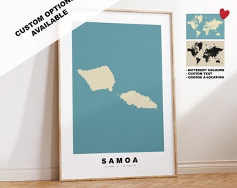 Impresión de mapa de Samoa - Regalo de mapa personalizado - Opciones disponibles enmarcadas o en lienzo - Opciones de texto personalizado - Regalo personalizado