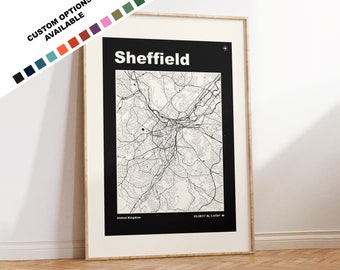 Sheffield Map Print - Custom options/colours available - Prints or Framed Prints - Sheffield South Yorkshire - Custom Text for Gift
