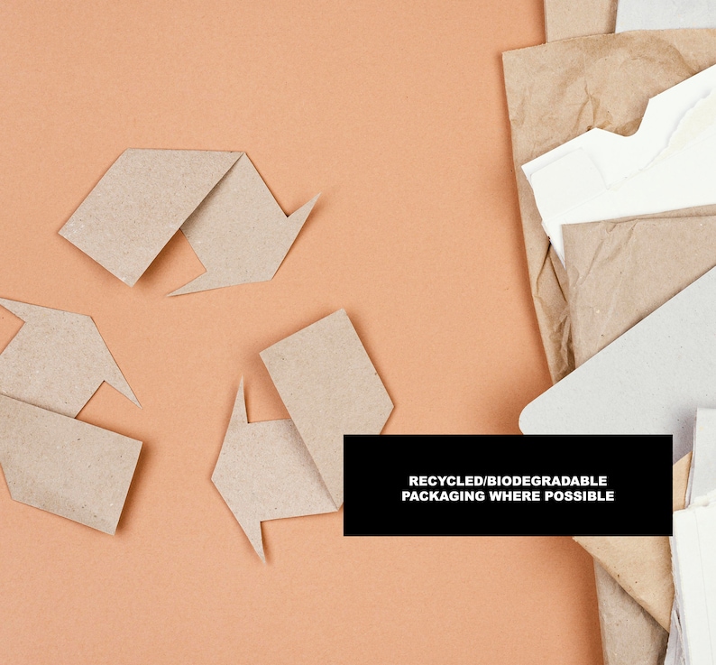 May include: Three brown paper arrows forming a recycling symbol on a light orange background. Text below the symbol reads "RECYCLED/BIODEGRADABLE PACKAGING WHERE POSSIBLE".