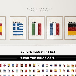 Europe Travel Gift - Print Set of 5 - Gallery Wall, Choose 5 Countries Flag&#39;s Visited - Any European Country Flag