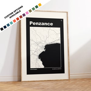 Stampa mappa di Penzance - Opzioni/colori personalizzati disponibili - Stampe o stampe incorniciate - Penzance, Cornovaglia - Testo personalizzato per regalo