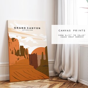 Pode incluir: Uma impress&atilde;o em tela com uma ilustra&ccedil;&atilde;o estilizada do Parque Nacional do Grand Canyon. A impress&atilde;o tem uma cena de p&ocirc;r do sol com cores laranja, marrom e branco. O texto "GRAND CANYON NATIONAL PARK" est&aacute; no topo da impress&atilde;o.