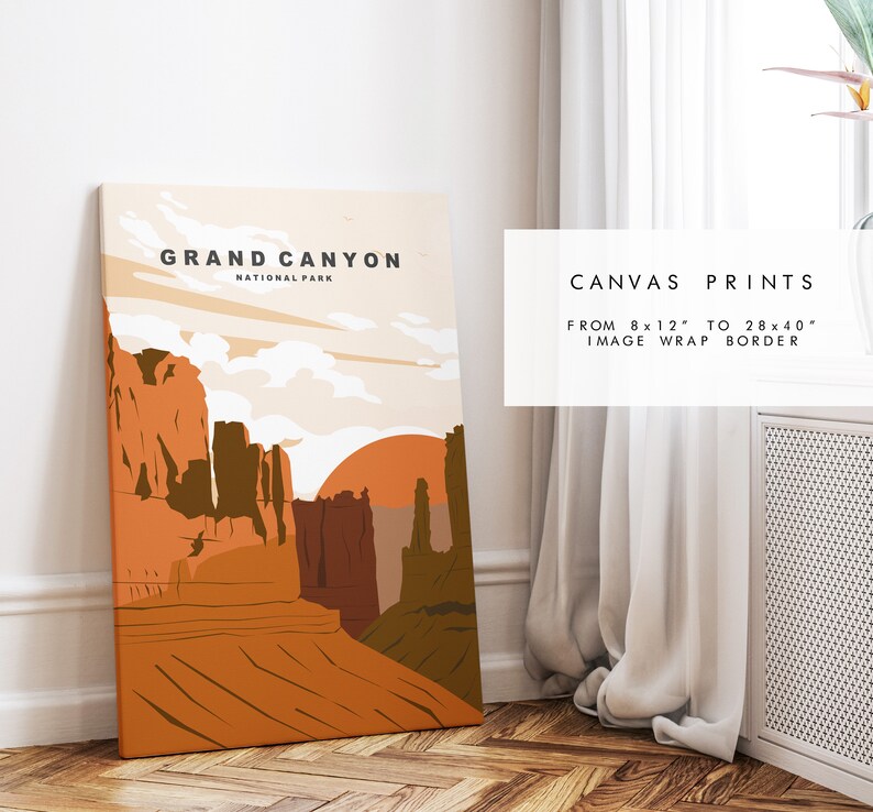 Pode incluir: Uma impress&atilde;o em tela com uma ilustra&ccedil;&atilde;o estilizada do Parque Nacional do Grand Canyon. A impress&atilde;o tem uma cena de p&ocirc;r do sol com cores laranja, marrom e branco. O texto "GRAND CANYON NATIONAL PARK" est&aacute; no topo da impress&atilde;o.