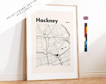 Hackney Map Print - Custom options/colours available - Prints or Framed Prints - London, UK