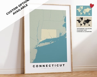 Connecticut Map Print - Personalised Map Gift - Framed or Canvas Options Available - Custom Text Options - Personalised Gift
