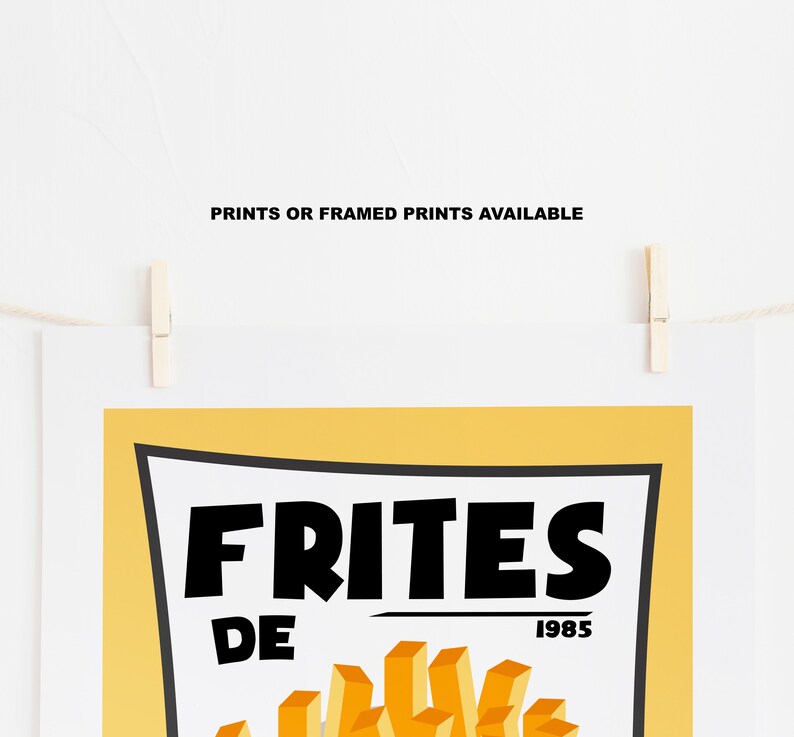 Puede incluir: Una impresi&oacute;n amarilla y blanca con el texto "FRITES DE 1985" y una imagen de dibujos animados de papas fritas.