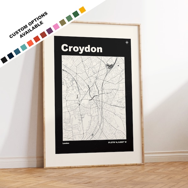Croydon Map Print - Custom options/colours available - Prints or Framed Prints - Croydon London - Custom Text for Gift