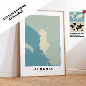 Kaart afdrukken Albanië - gepersonaliseerd kaartcadeau - ingelijste of canvasopties beschikbaar - aangepaste tekstopties - gepersonaliseerd cadeau