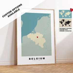 Belgium Map Print - Personalised Map Gift - Framed or Canvas Options Available - Custom Text Options - Personalised Gift