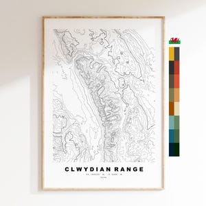 Impressão do mapa da cordilheira Clwydian - Mapa de contorno - Mapa topográfico - Clwyds - Clwydian Hills - Bryniau Clwyd - Moel Famau - País de Gales