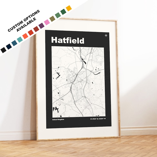 Hatfield Map Print - Custom options/colours available - Prints or Framed Prints - Hatfield Hertfordshire - Custom Text for Gift