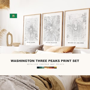 Mount Rainier, Adams & St Helens Ensemble d'impression - États-Unis - Carte des contours  - Carte topographique - Impression - Affiche