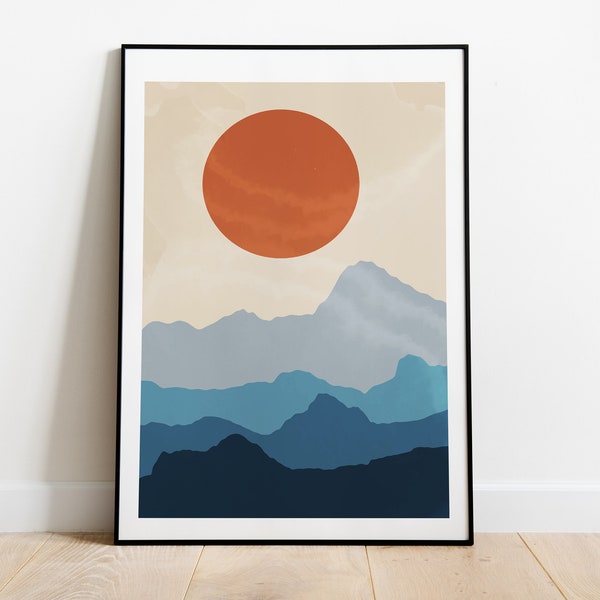 Abstract Landscape Print, Modern Wall Art, Blue Orange Art, Mountain Art, Mid Century Modern, Mid Century Art Print, Modern Wall Art