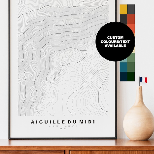 Aiguille du Midi Print - Contour Map - France - Les Alpes - Topographic Map - Print - Poster - Wall Art - Aiguille du Midi Map - Topography