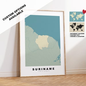 Surinaamse kaartafdruk - gepersonaliseerd kaartcadeau - ingelijste of canvasopties beschikbaar - aangepaste tekstopties - gepersonaliseerd cadeau
