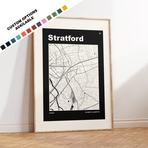 Impresión del mapa de Stratford: opciones y colores personalizados disponibles: impresiones o impresiones enmarcadas: Stratford, Londres: texto personalizado para regalo
