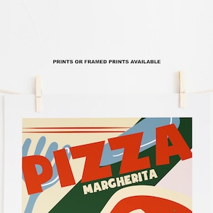 Puede incluir: Un p&oacute;ster de estilo retro con un esquema de color rojo, blanco y azul. El p&oacute;ster presenta la palabra "PIZZA" en letras rojas grandes y en negrita y el texto "MARGHERITA" en letras blancas m&aacute;s peque&ntilde;as. El p&oacute;ster tambi&eacute;n presenta una imagen estilizada de una rebanada de pizza.