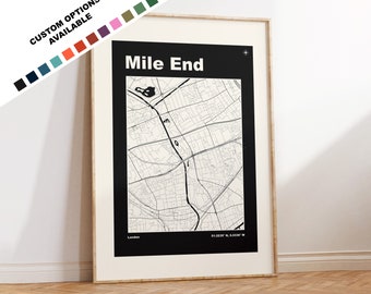 Mile End Map Print - Custom options/colours available - Prints or Framed Prints - Mile End London - Custom Text for Gift